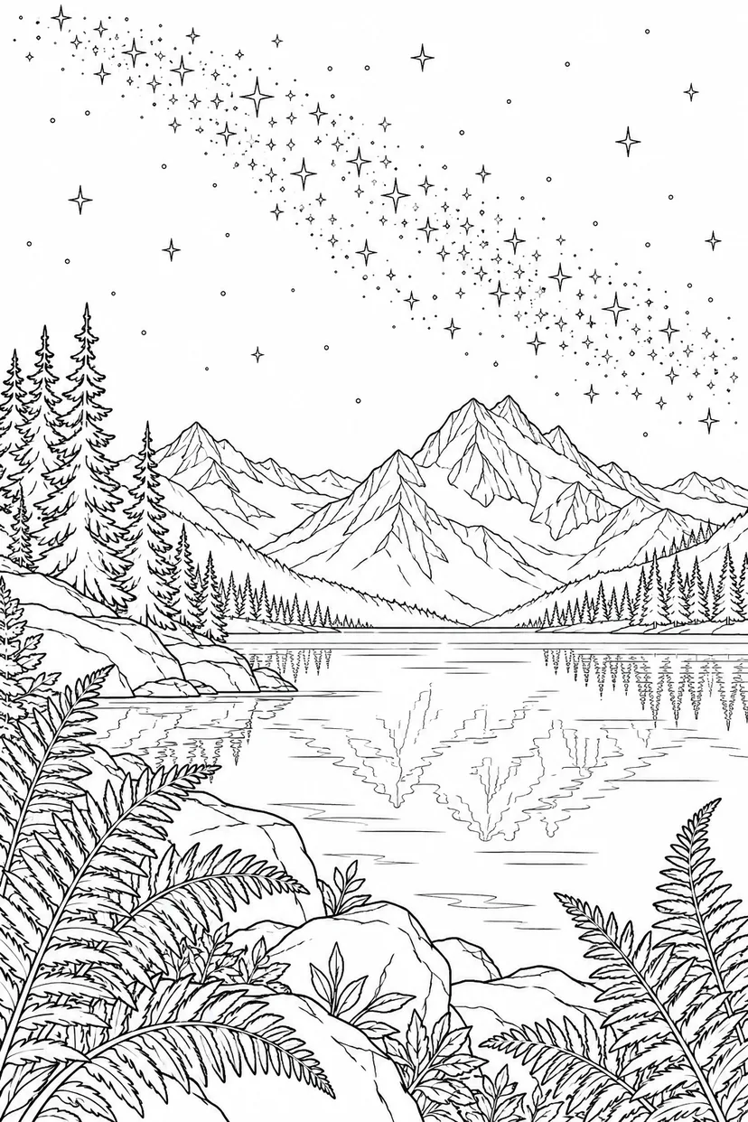 高山湖とシダと天の川の塗り絵