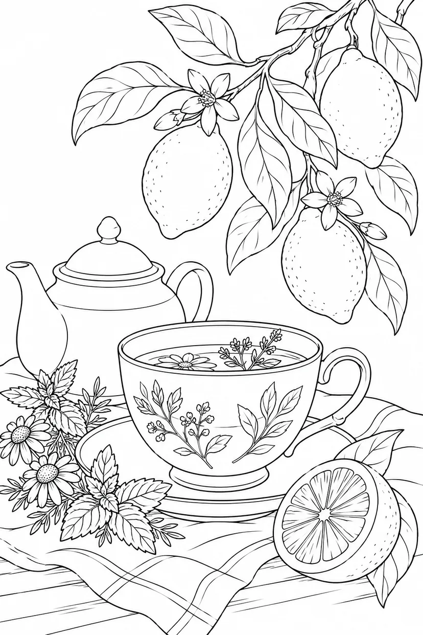 ハーブティーとレモンの枝の塗り絵
