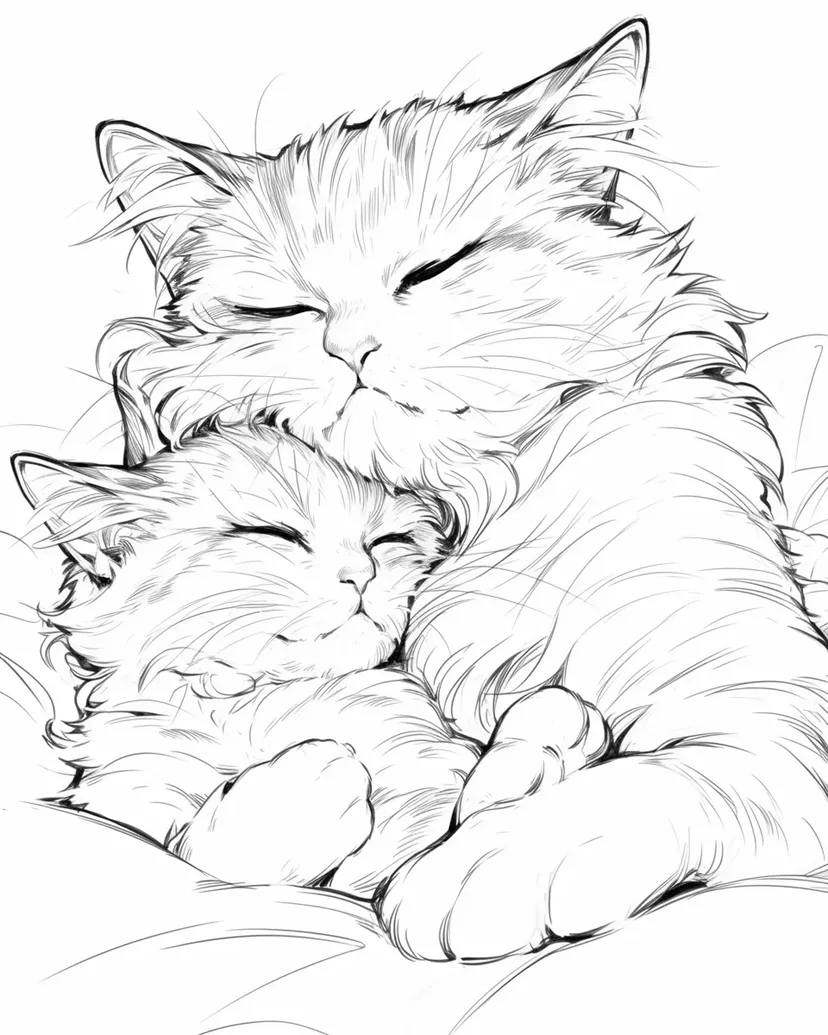 幸せな猫の親子の塗り絵