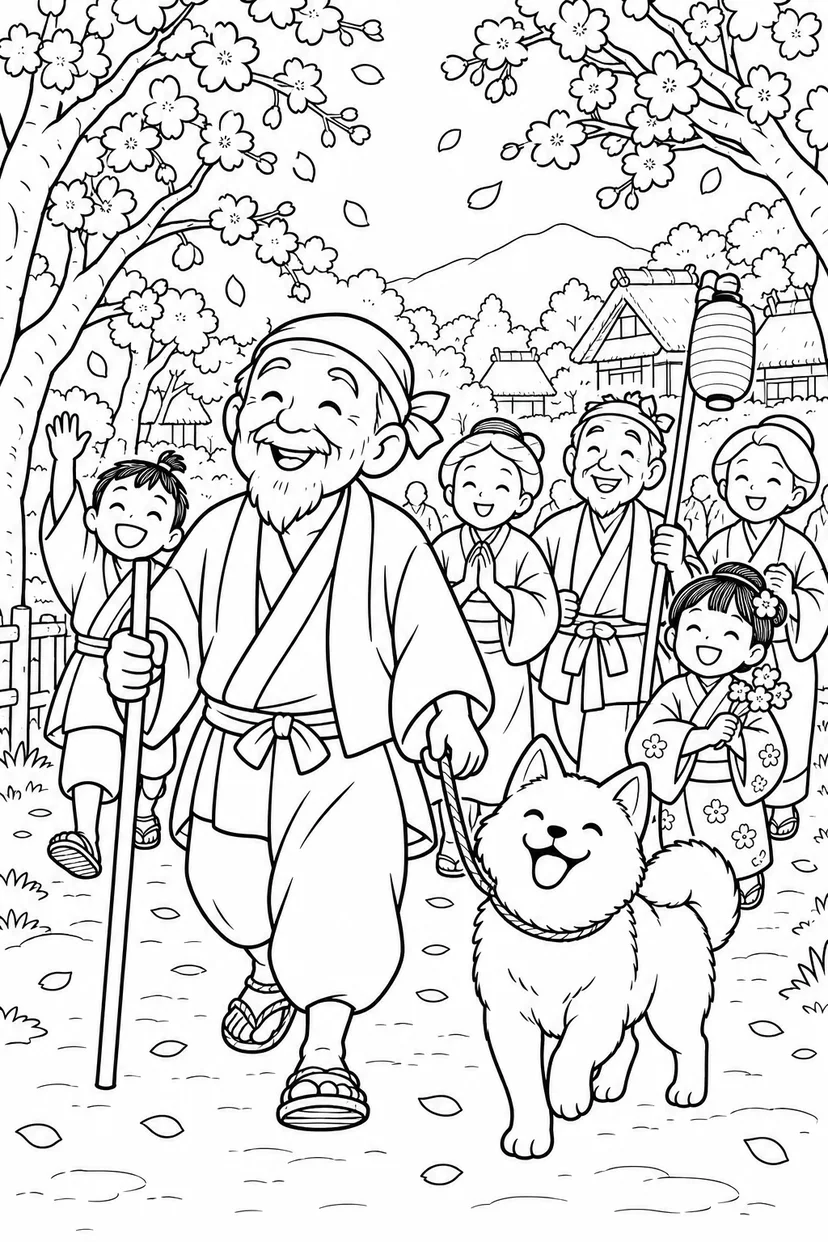 はなさかおじさん：桜並木を歩く村の行列（ほっこり）の塗り絵
