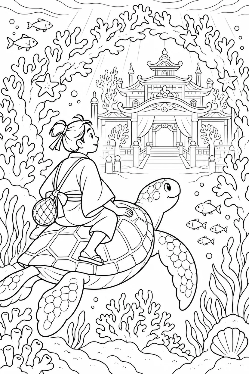 浦島太郎：珊瑚の門から竜宮城へ（ほっこり）の塗り絵