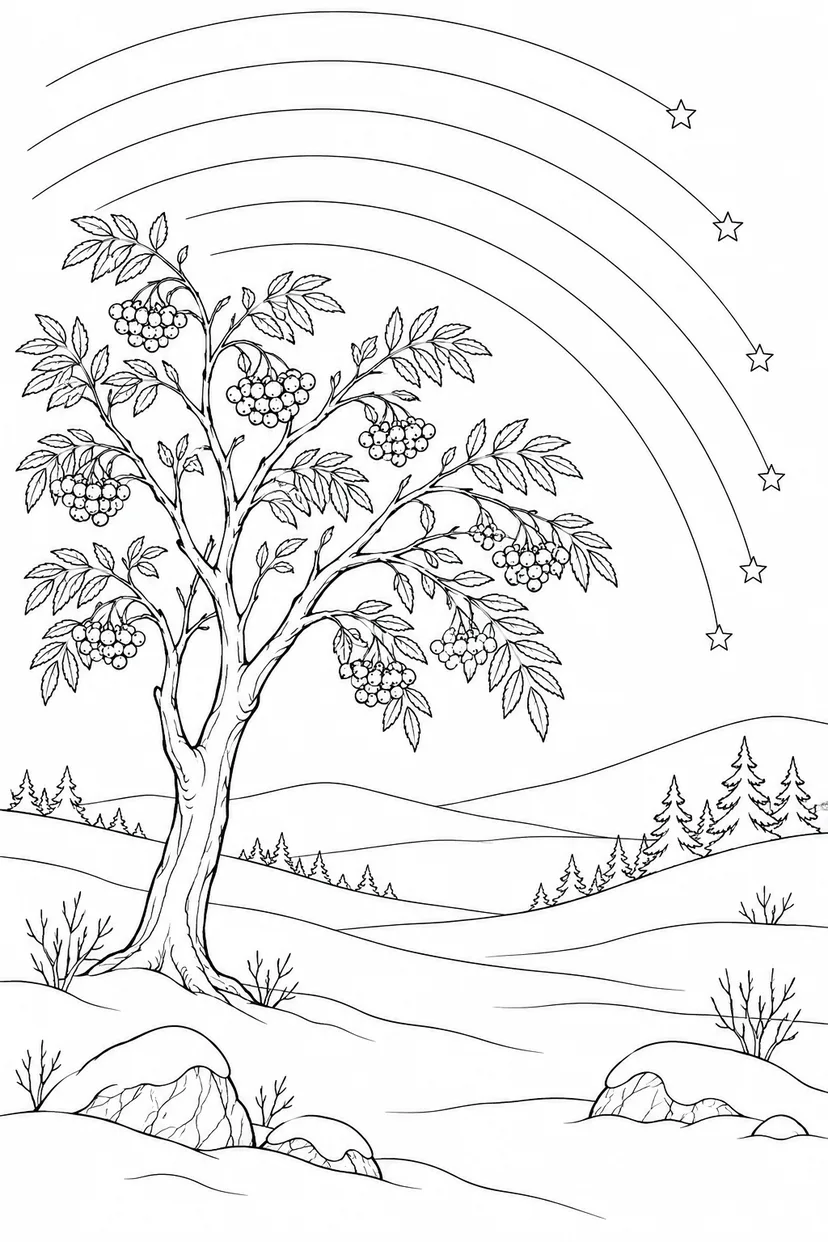 雪原のナナカマドと星の軌跡