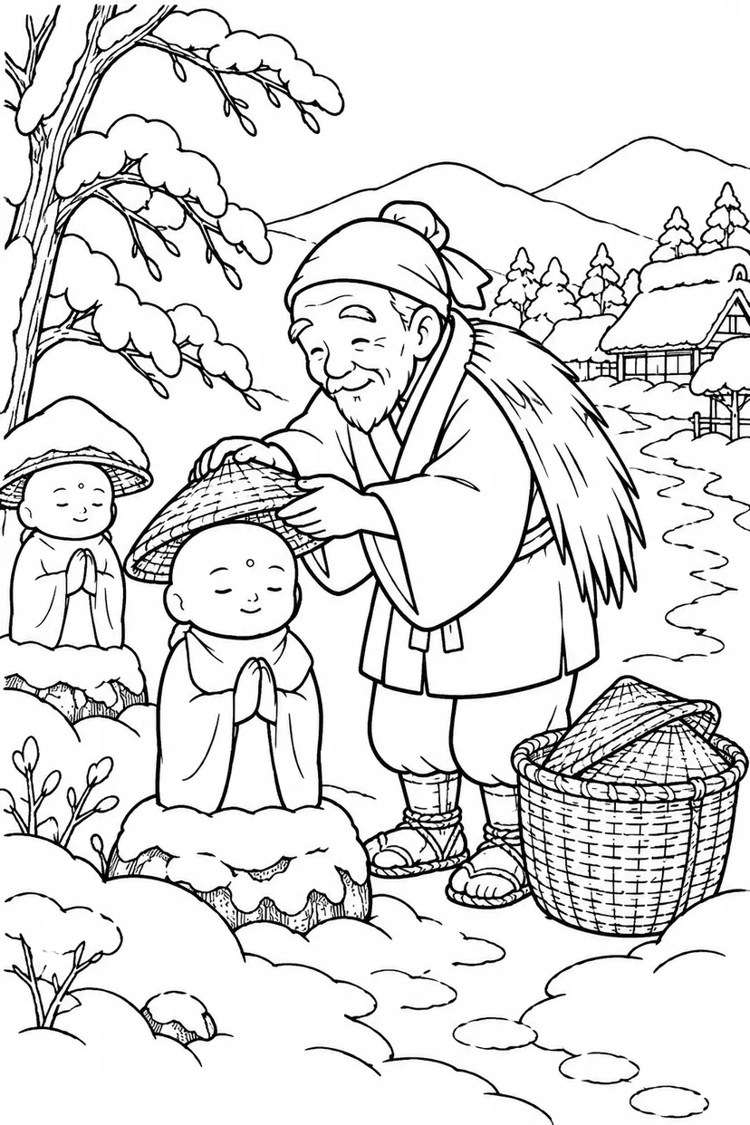 かさじぞう・はじめての笠をそっとの塗り絵