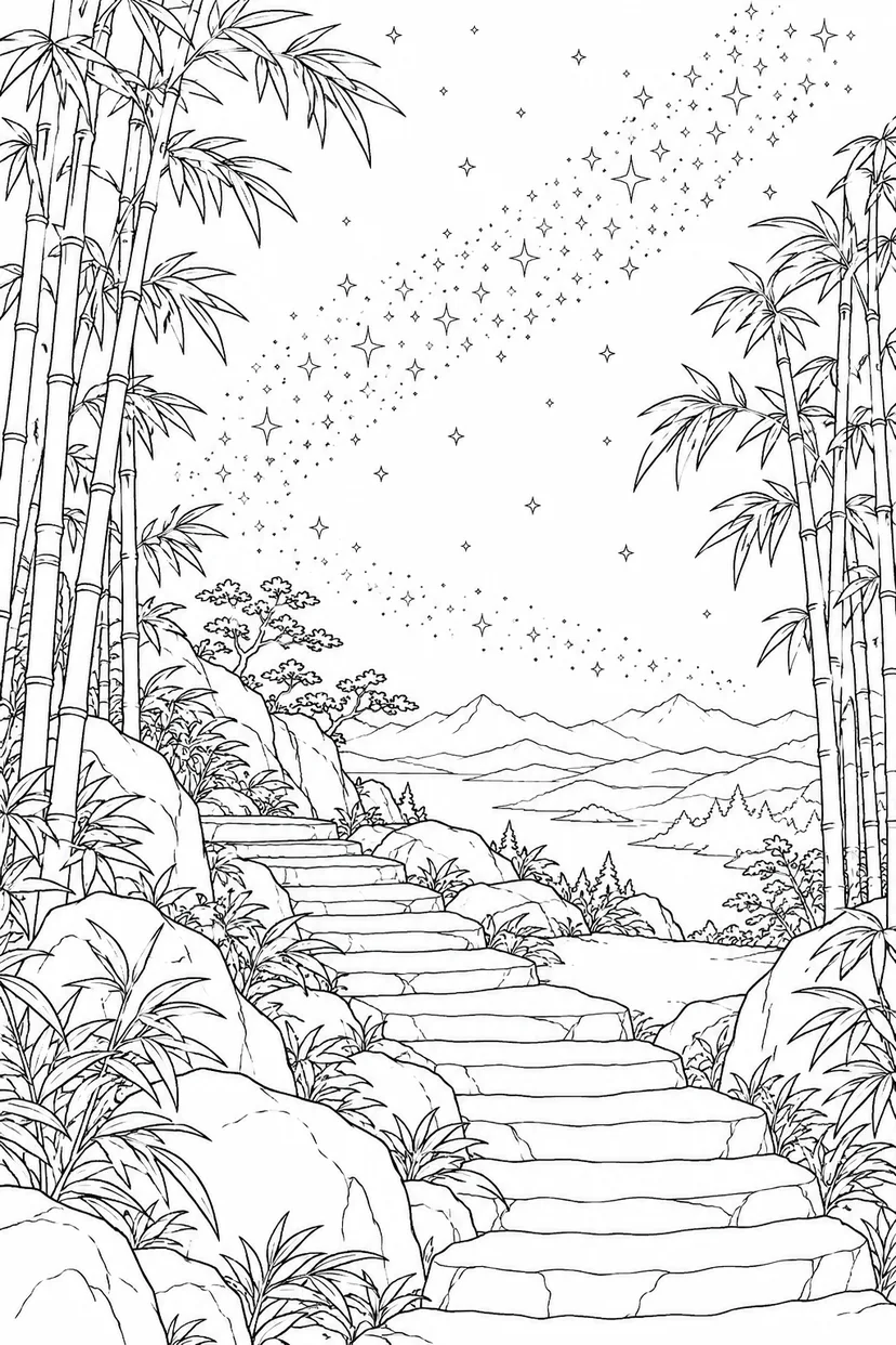 竹林の石段と天の川の塗り絵