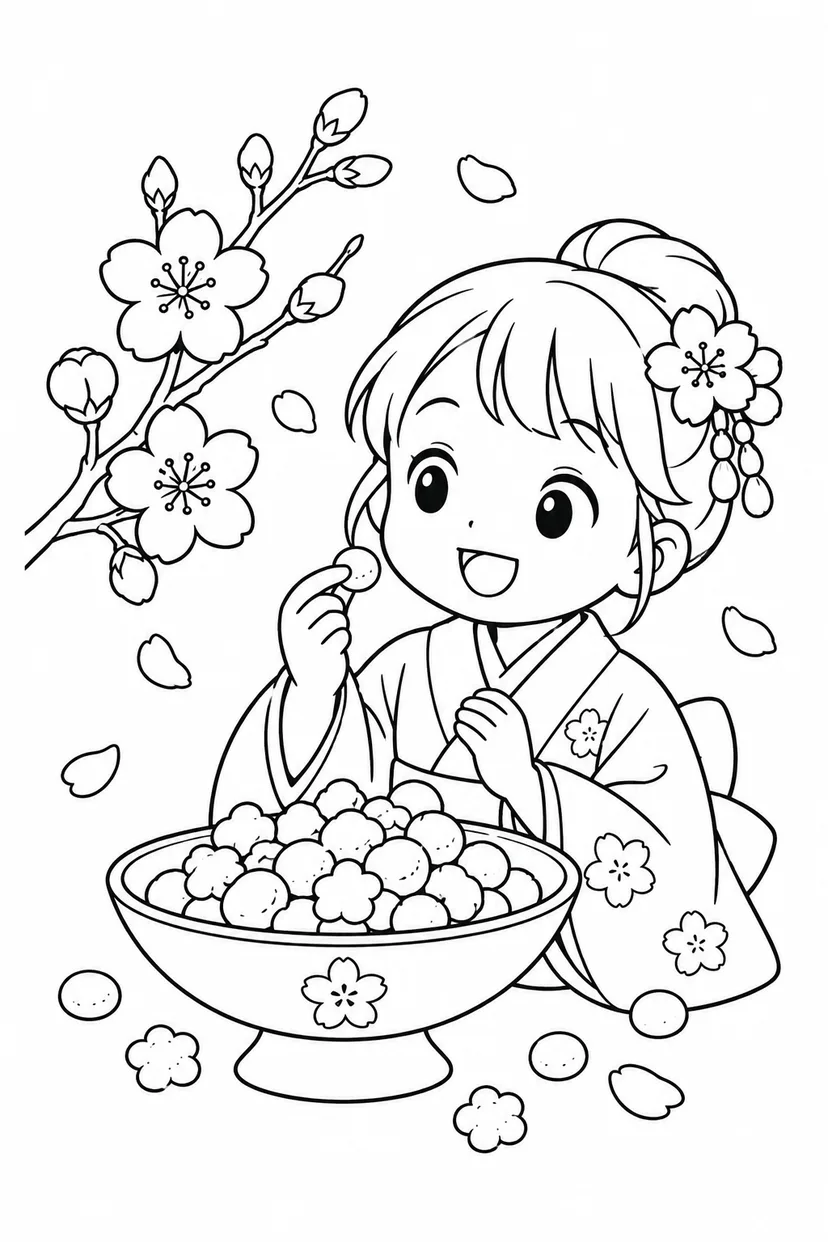 Desenho de Hina arare (bolinhas de arroz doces) e flores de pessegueiro para colorir