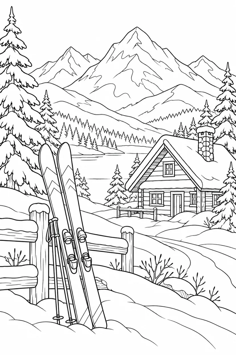 雪山の麓のスキー板と小屋