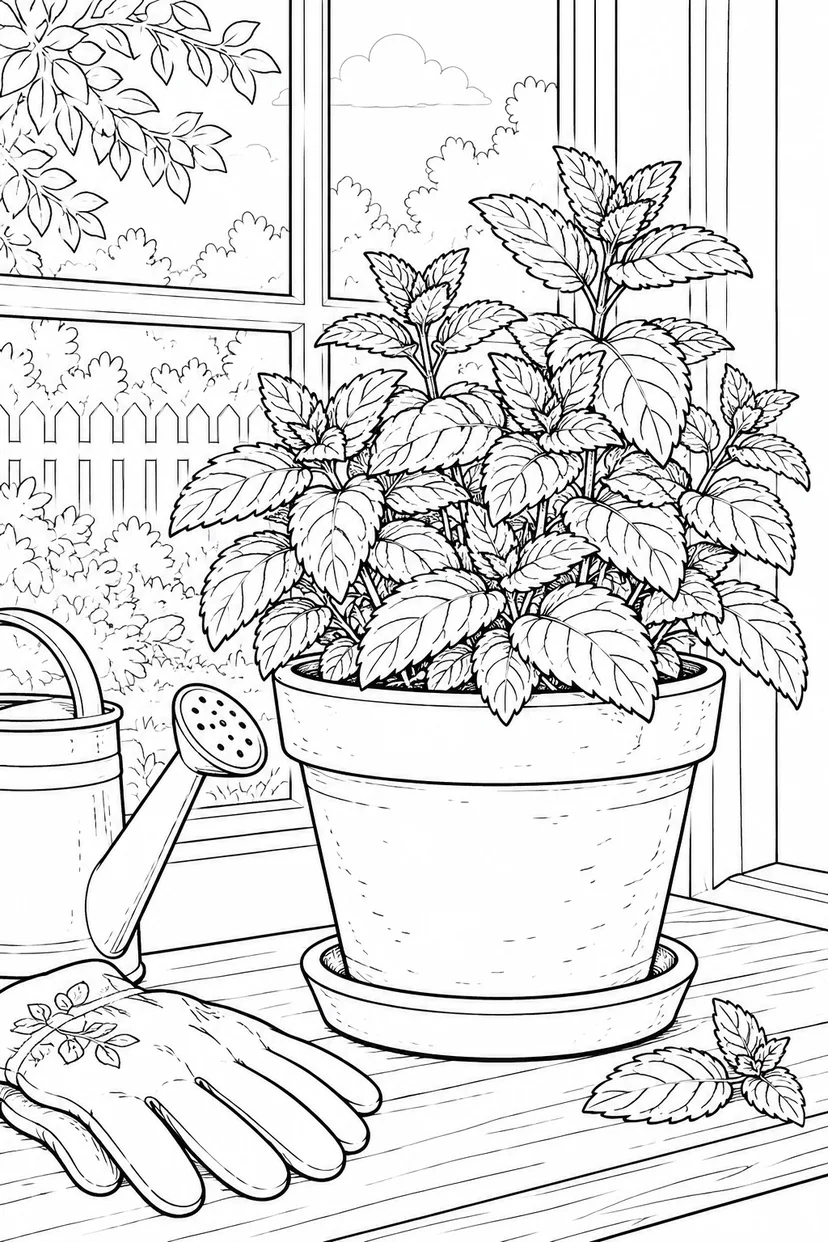 自然のひとこま：ミントの重なる葉の塗り絵