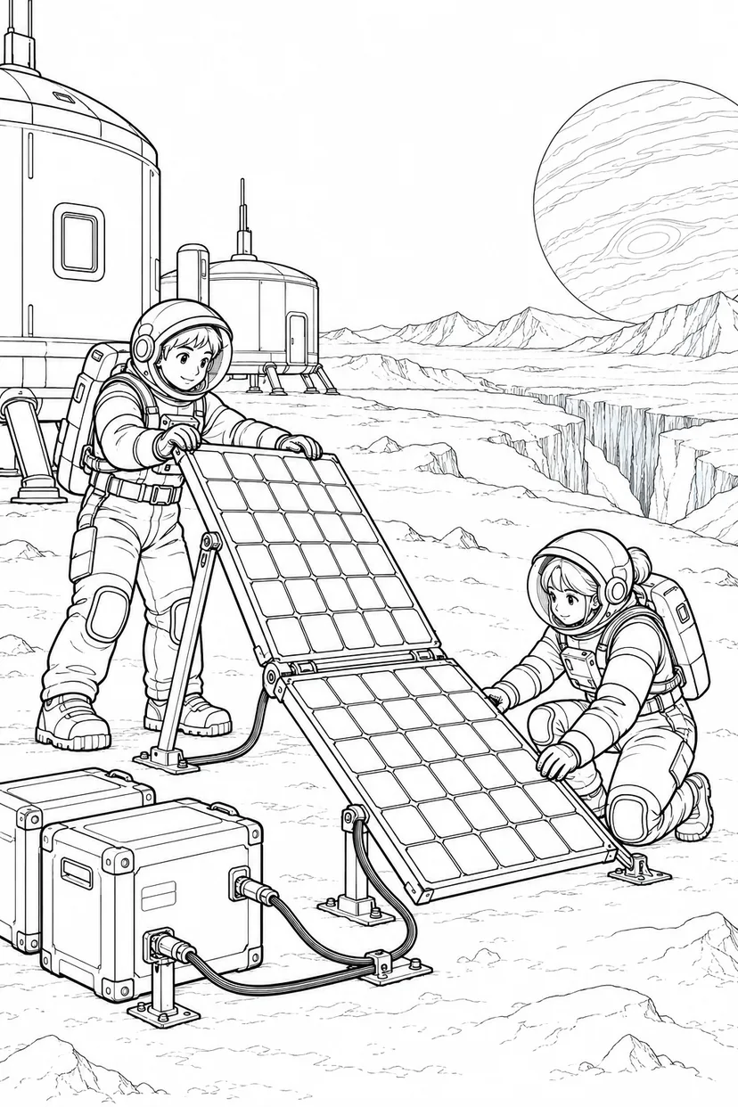 氷の衛星の探査基地：太陽光パネルの設置の塗り絵