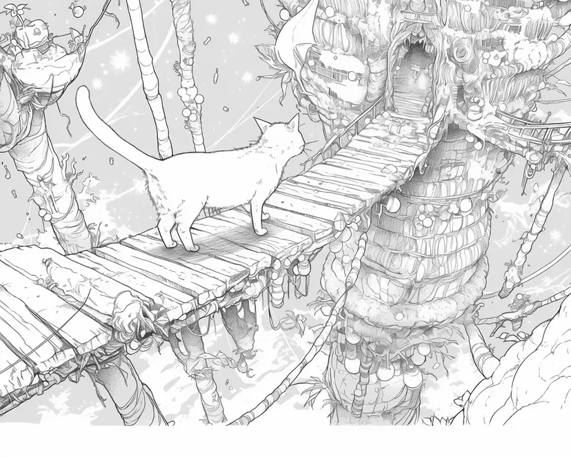 猫の冒険: 不思議な木の家への塗り絵
