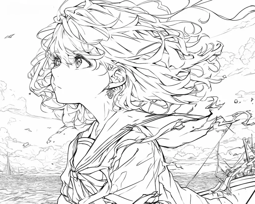 海風に吹かれる少女の塗り絵