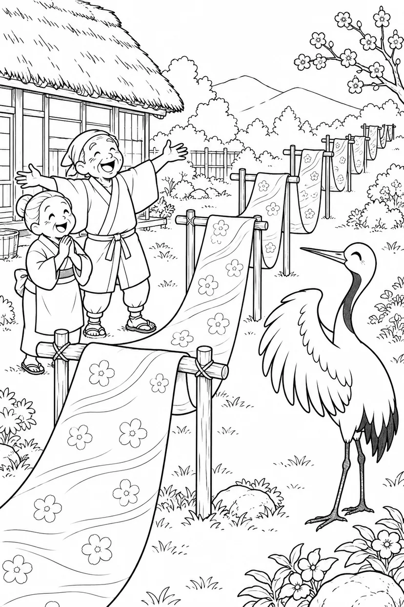 つるの恩返し：庭いっぱいの反物干しの塗り絵