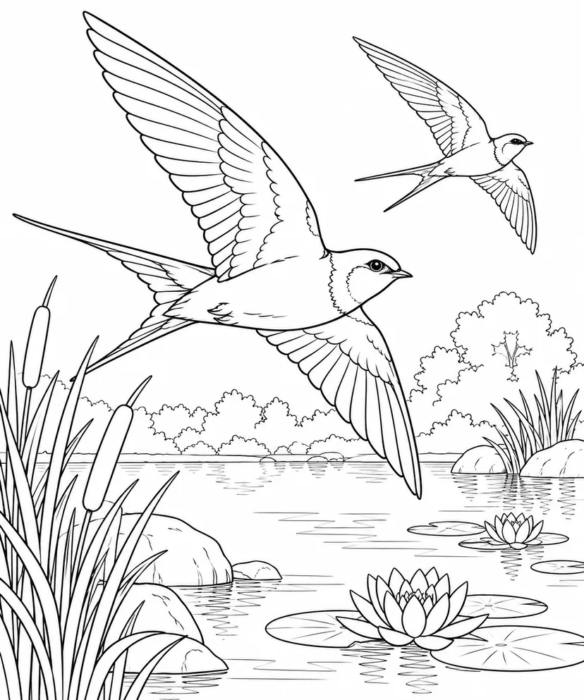 観察スケッチ：ツバメと静かな池の塗り絵