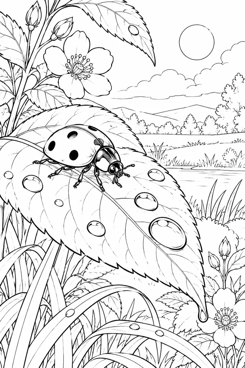自然のひとこま：テントウムシと葉のしずくの塗り絵