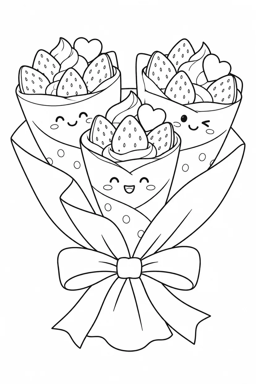 いちごクレープの花束の塗り絵