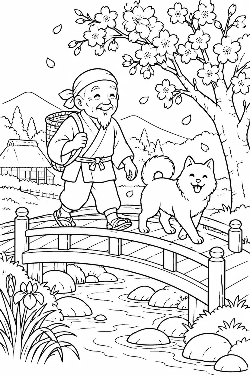 はなさかおじさん：桜の小川にかかる木の橋（ほっこり）の塗り絵