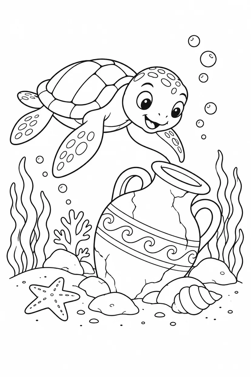 ウミガメと沈んだ壺の塗り絵