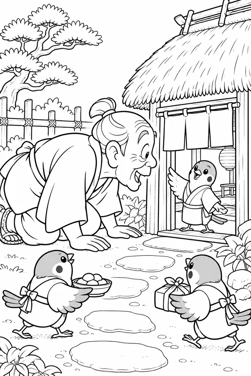 したきりすずめ：すずめ用の玄関は小さすぎるの塗り絵