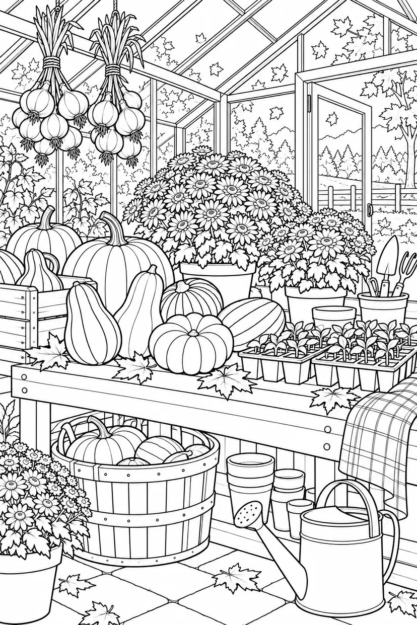 秋の温室の植物研究の塗り絵
