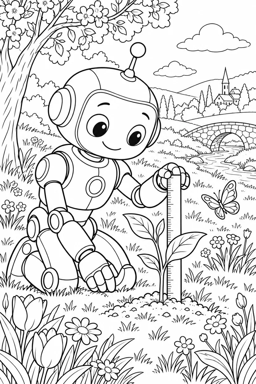 春のロボットの自然調査の塗り絵