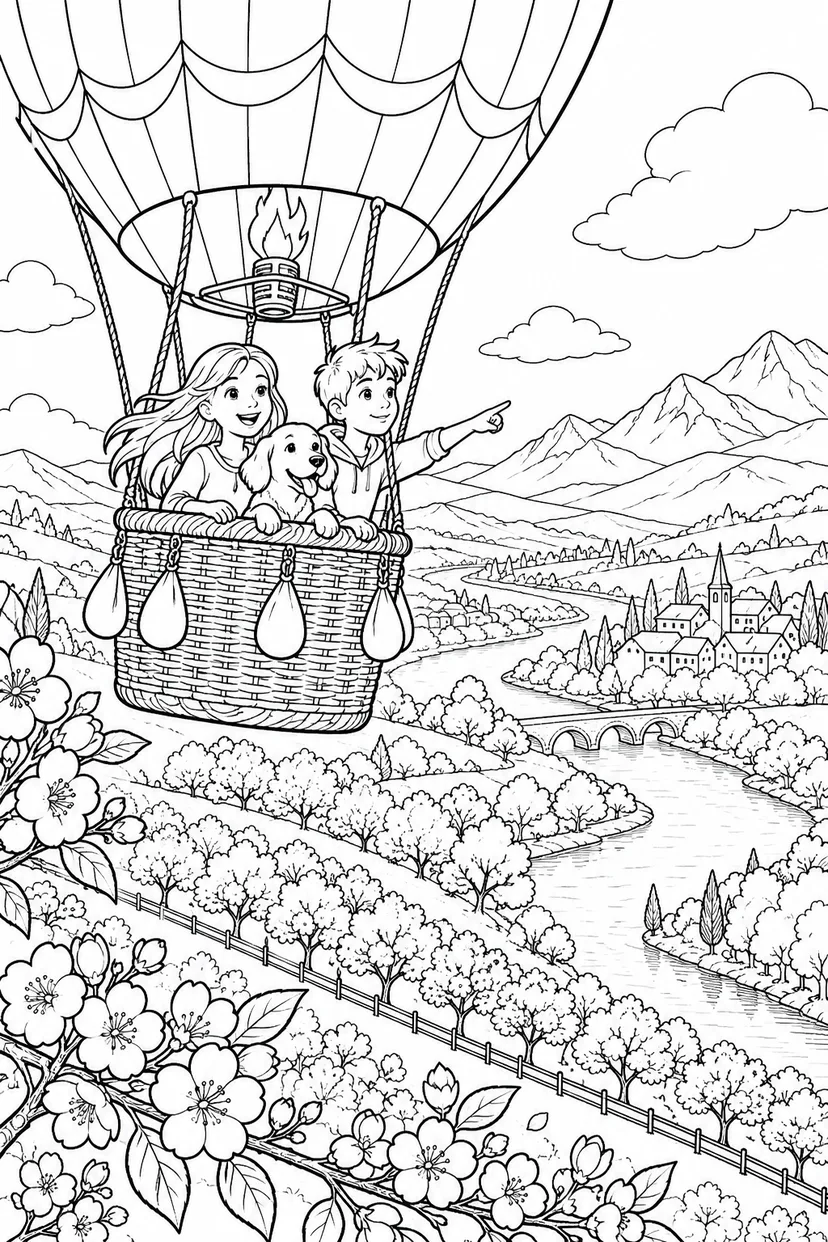 春の気球で見つける景色の塗り絵