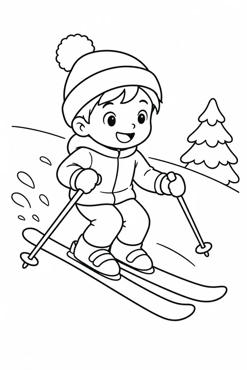 スキーと雪の坂の塗り絵