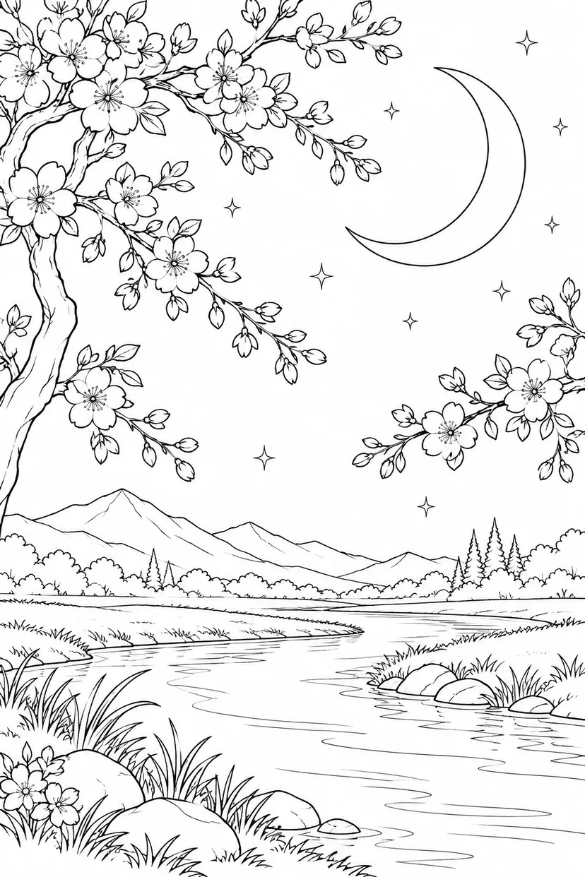 桜の枝と川辺と三日月の塗り絵