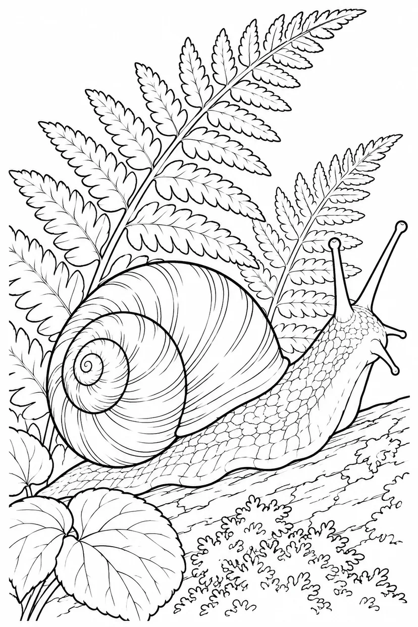 観察スケッチ：カタツムリとシダの葉の塗り絵