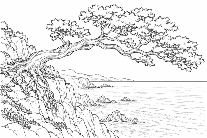 Dibujo de Árbol inclinado por el viento marino para colorear
