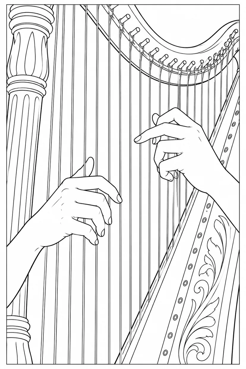 弦の向こうから見るハープの塗り絵
