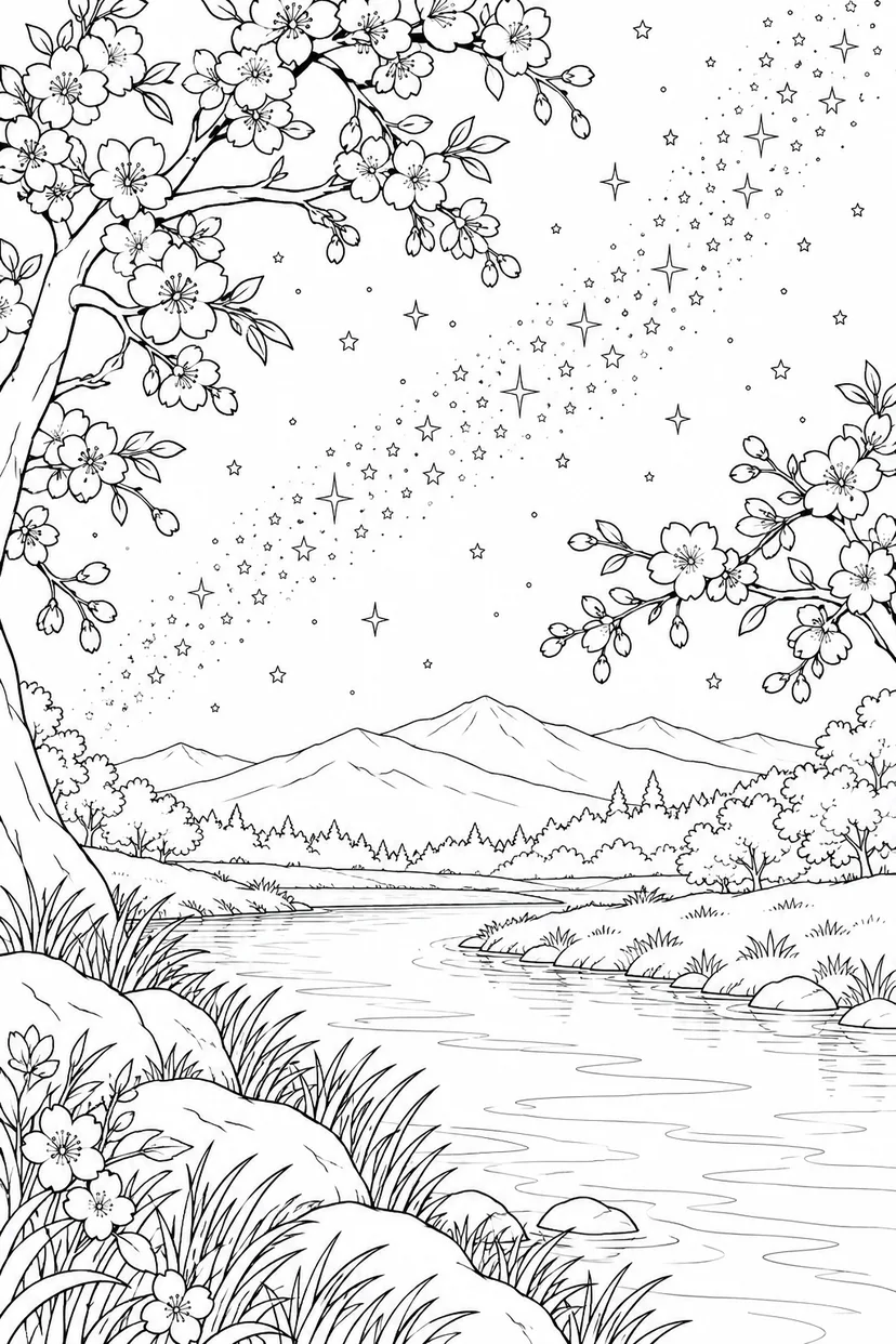 桜の枝と川辺と天の川の塗り絵