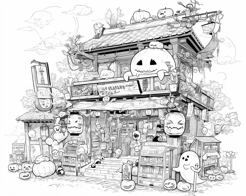 幽霊とジャック・オー・ランタンの古い家の塗り絵