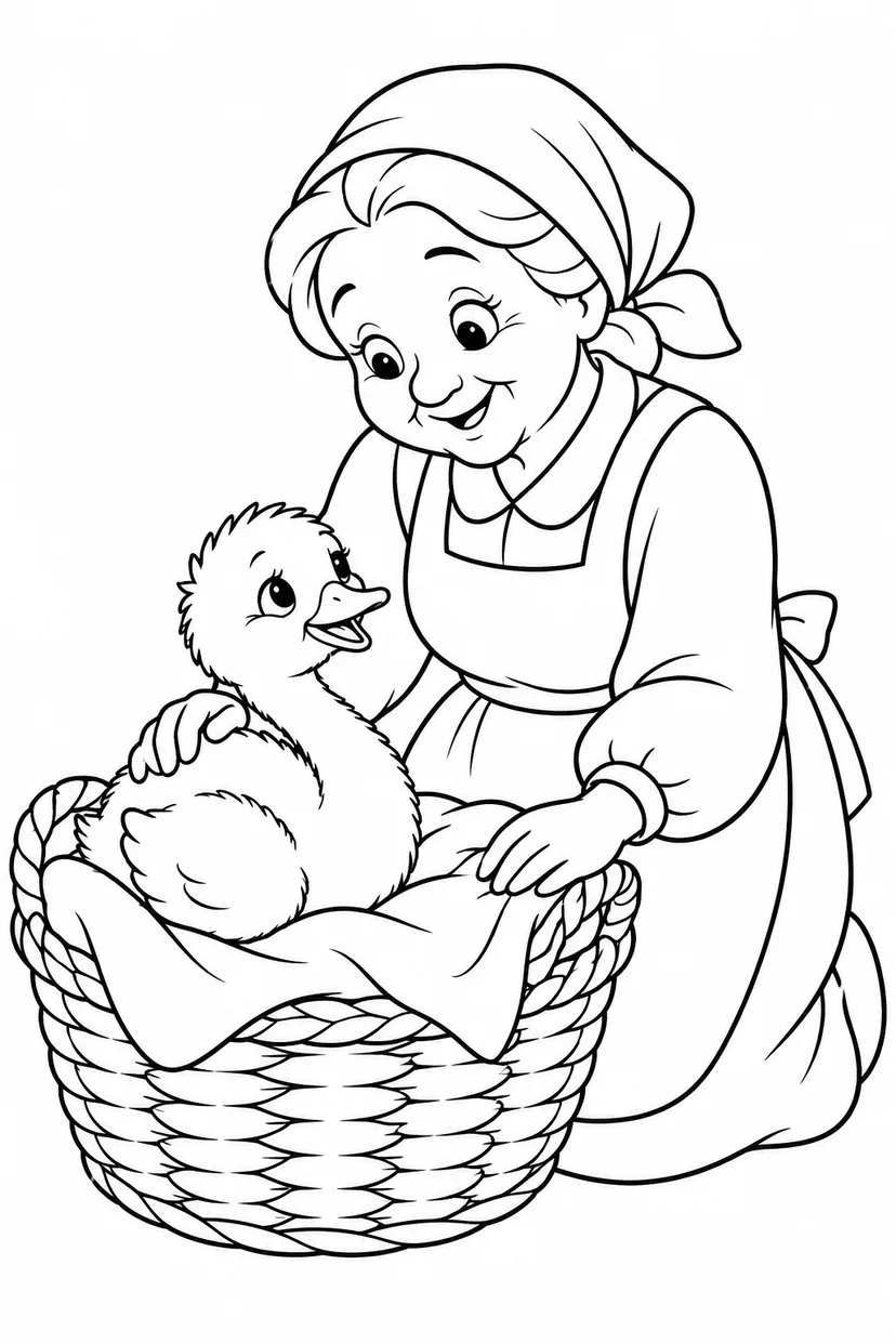 醜いアヒルの子：おばあさんのかごでひと休みの塗り絵