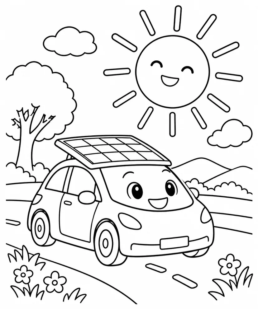 ソーラーカーと太陽の塗り絵