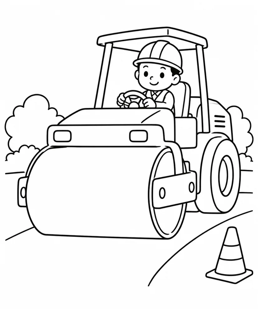 ロードローラーとできたての道の塗り絵