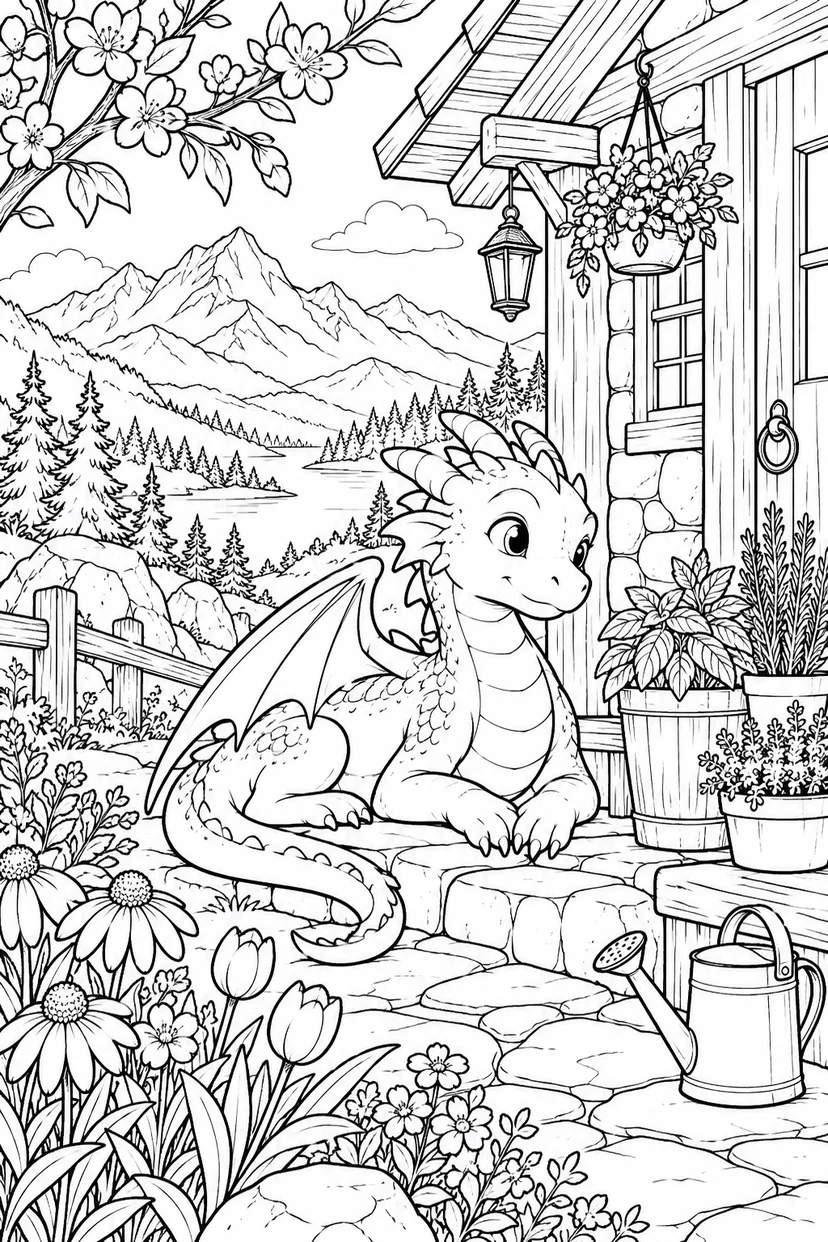 春の小さな竜の山小屋の塗り絵