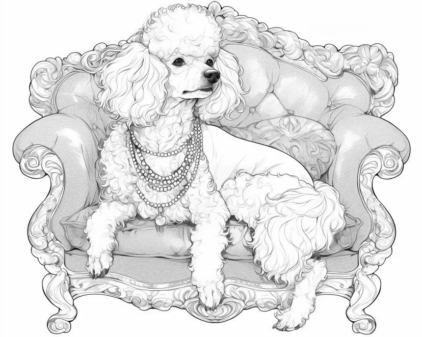 Desenho de Poodle em um Sofá Luxuoso para colorir
