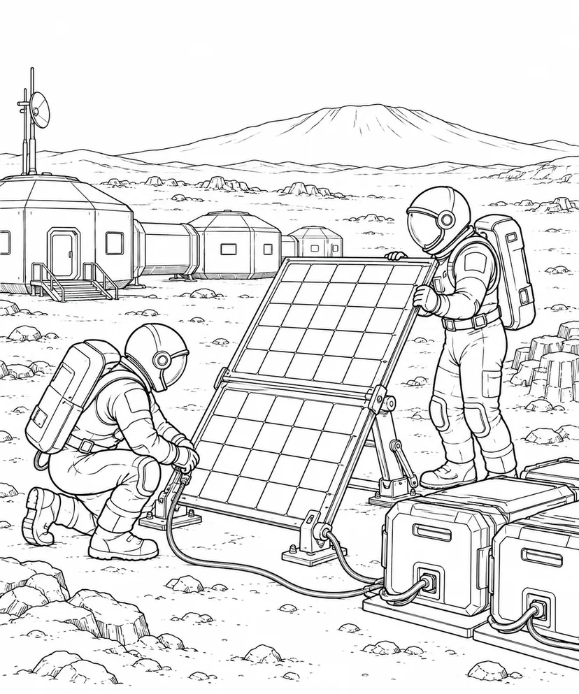 火星の火山平原基地：太陽光パネルの設置の塗り絵
