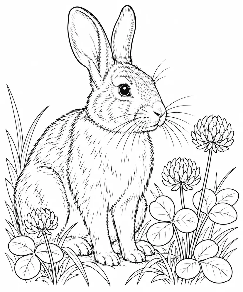 観察スケッチ：野うさぎとクローバーの塗り絵