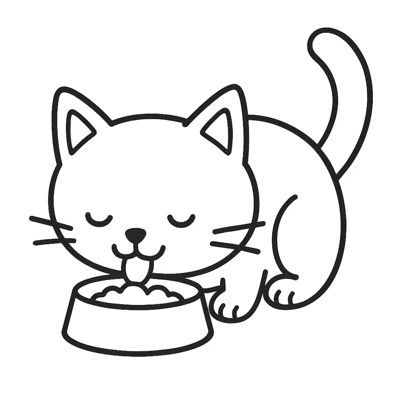 Dibujo de Gato Comiendo Comida Deliciosa para colorear