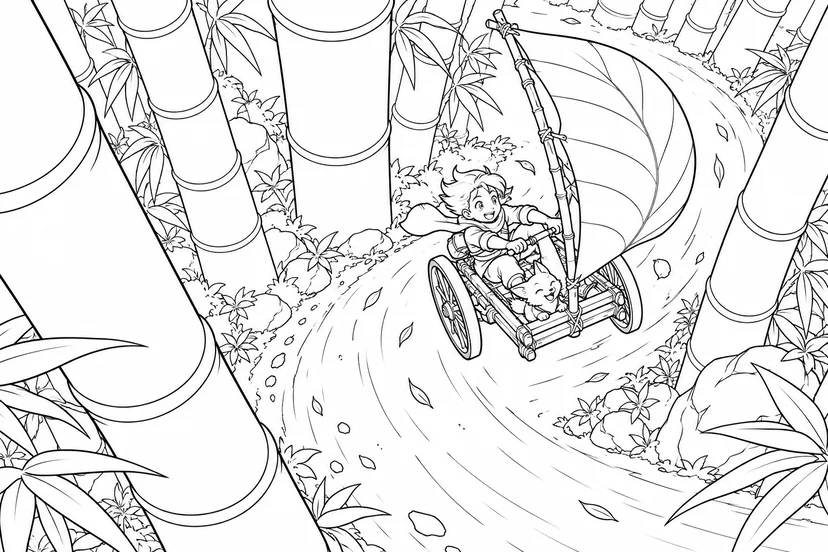 竹の迷路をくぐる風の帆車の塗り絵