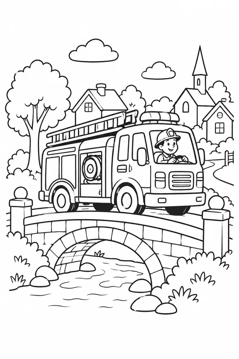 消防車と町の橋の塗り絵