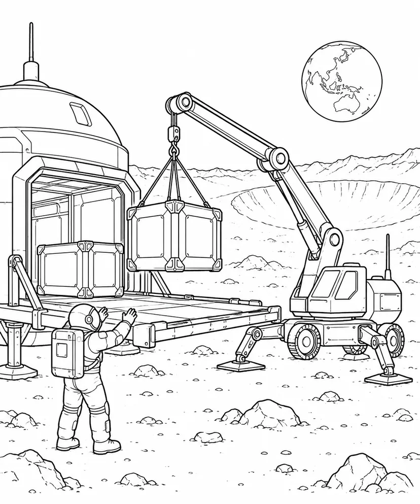 月のクレーター基地：コンテナを運ぶクレーンの塗り絵