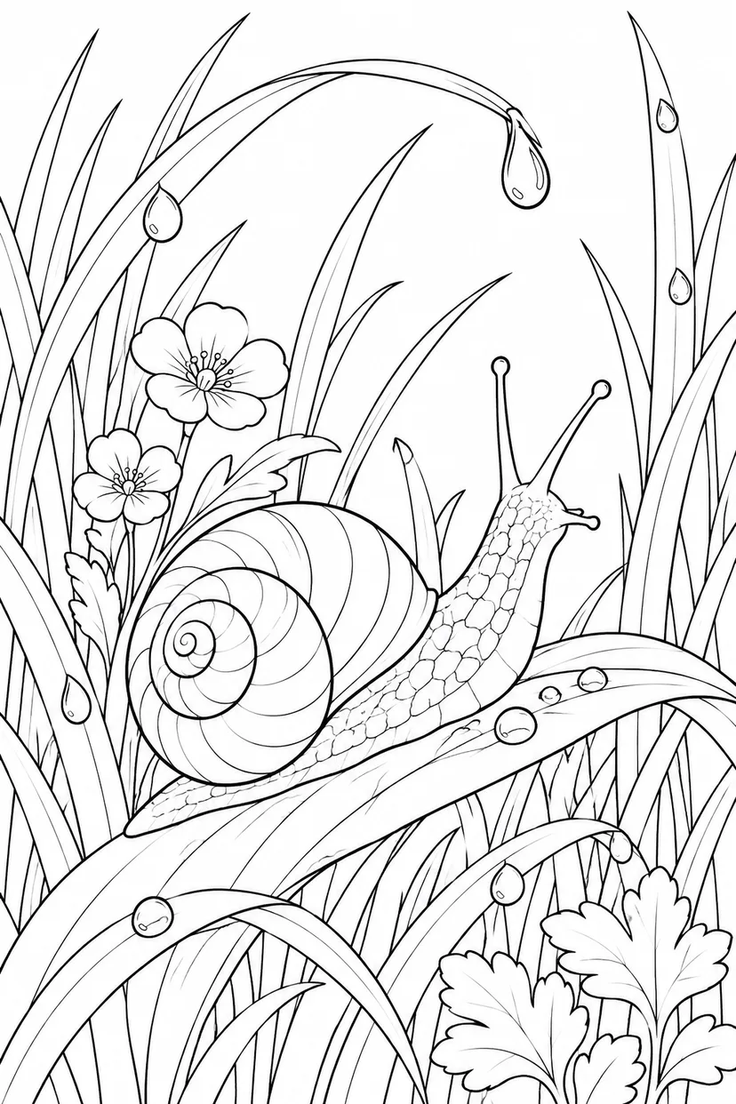 草むらのカタツムリと露の塗り絵