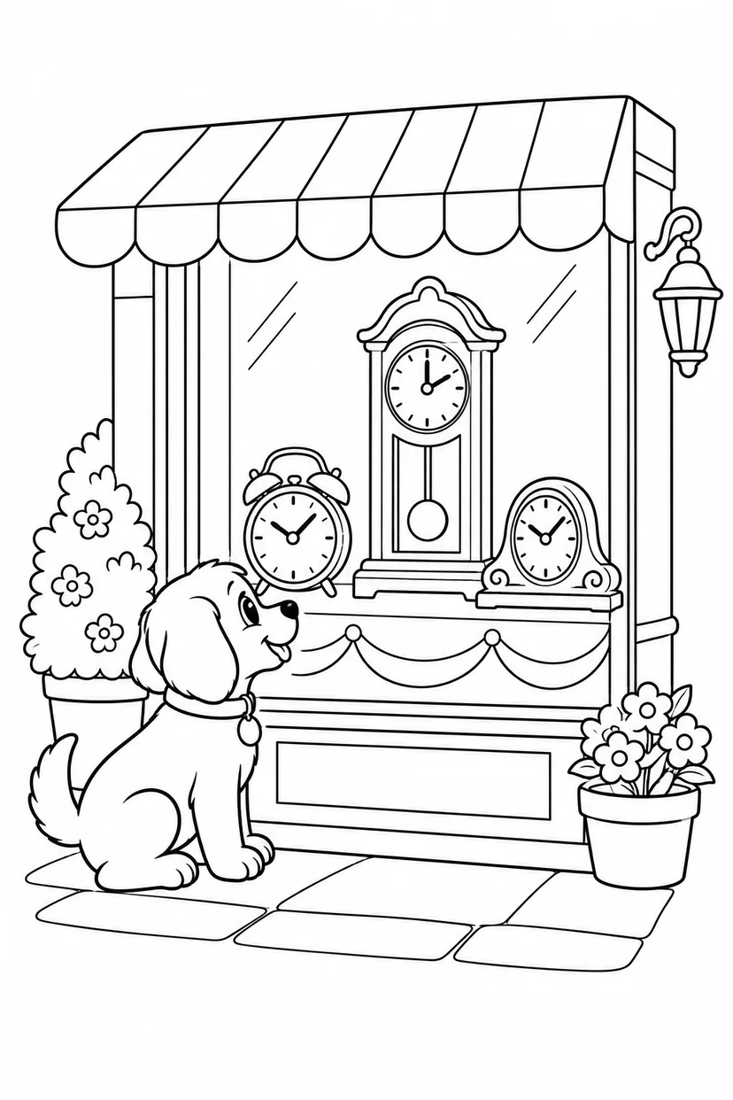 こいぬの時計屋さんのショーウィンドウの塗り絵
