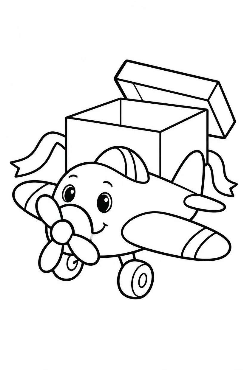 おもちゃのひこうきとプレゼント箱の塗り絵