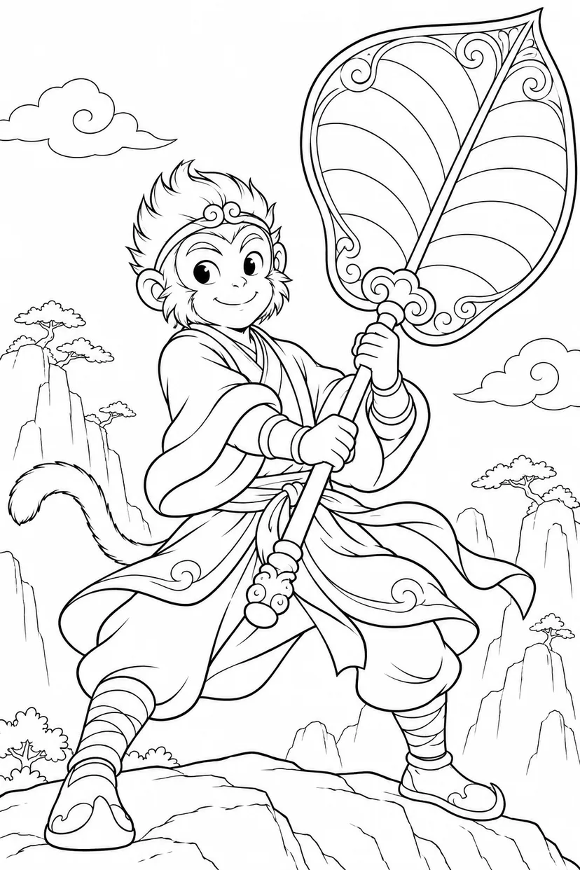 ほっこり西遊記：悟空と大きな扇の塗り絵
