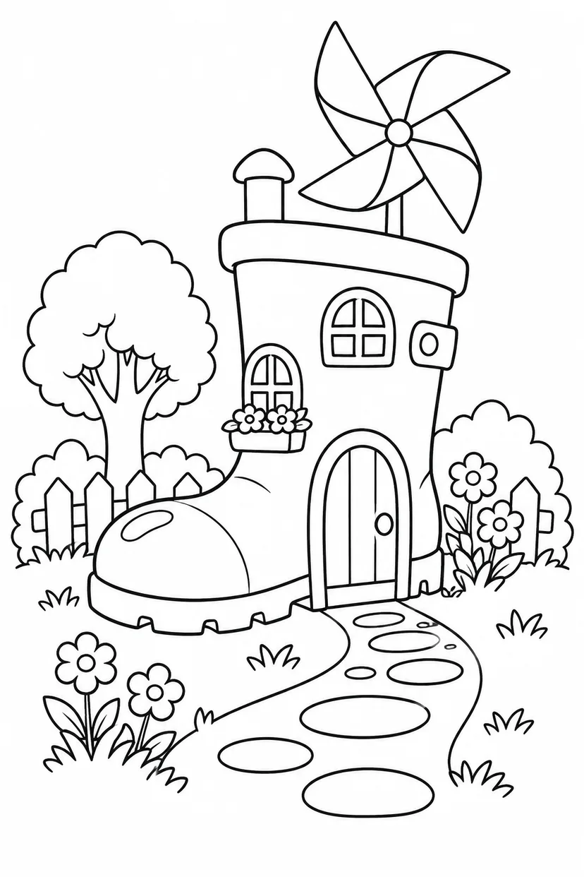 長ぐつのおうちの屋根の風車の塗り絵