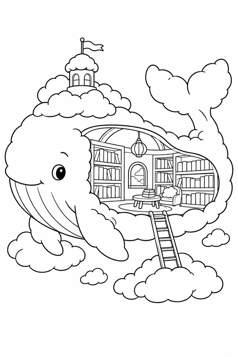 雲のクジラと雲の図書館の塗り絵