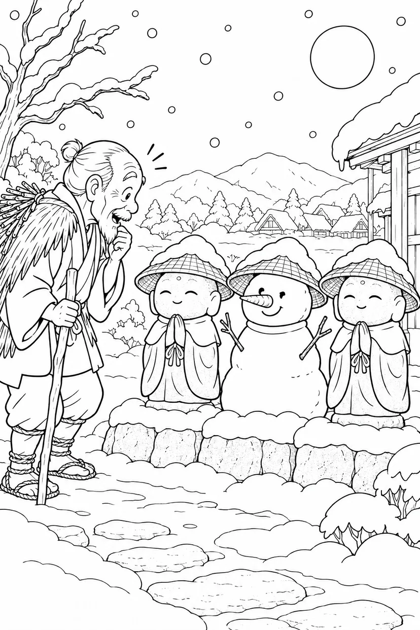 かさじぞう・雪だるまも笠の列の塗り絵
