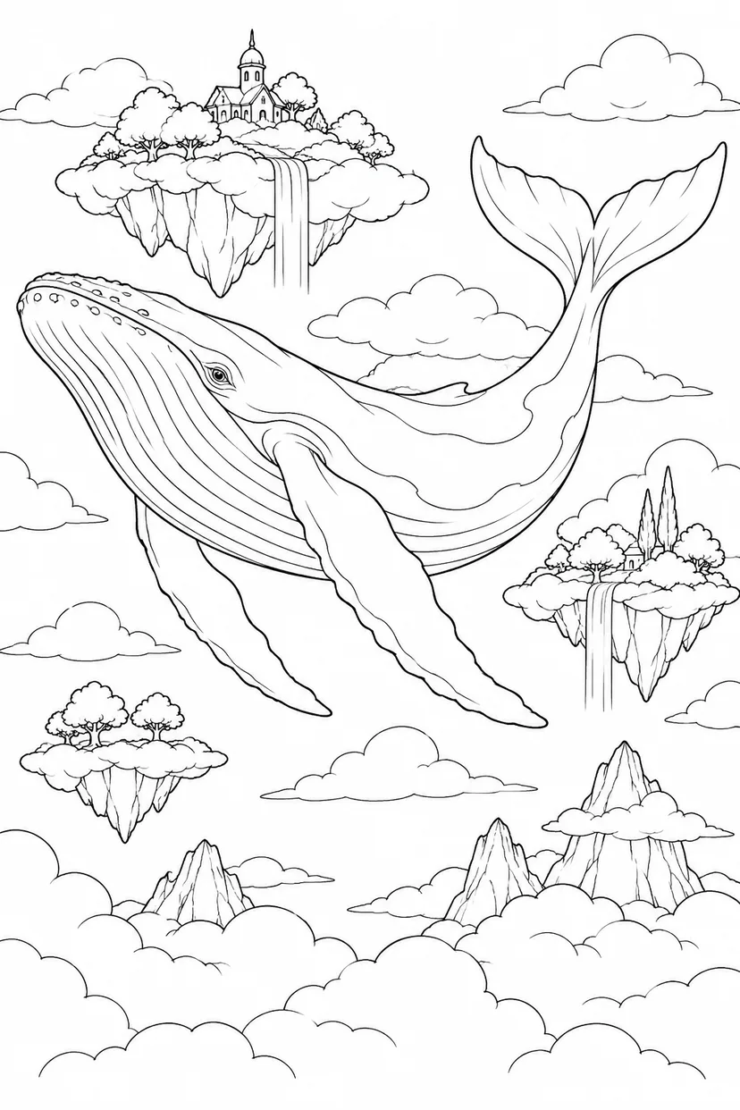 空飛ぶ鯨と小さな雲の島の塗り絵